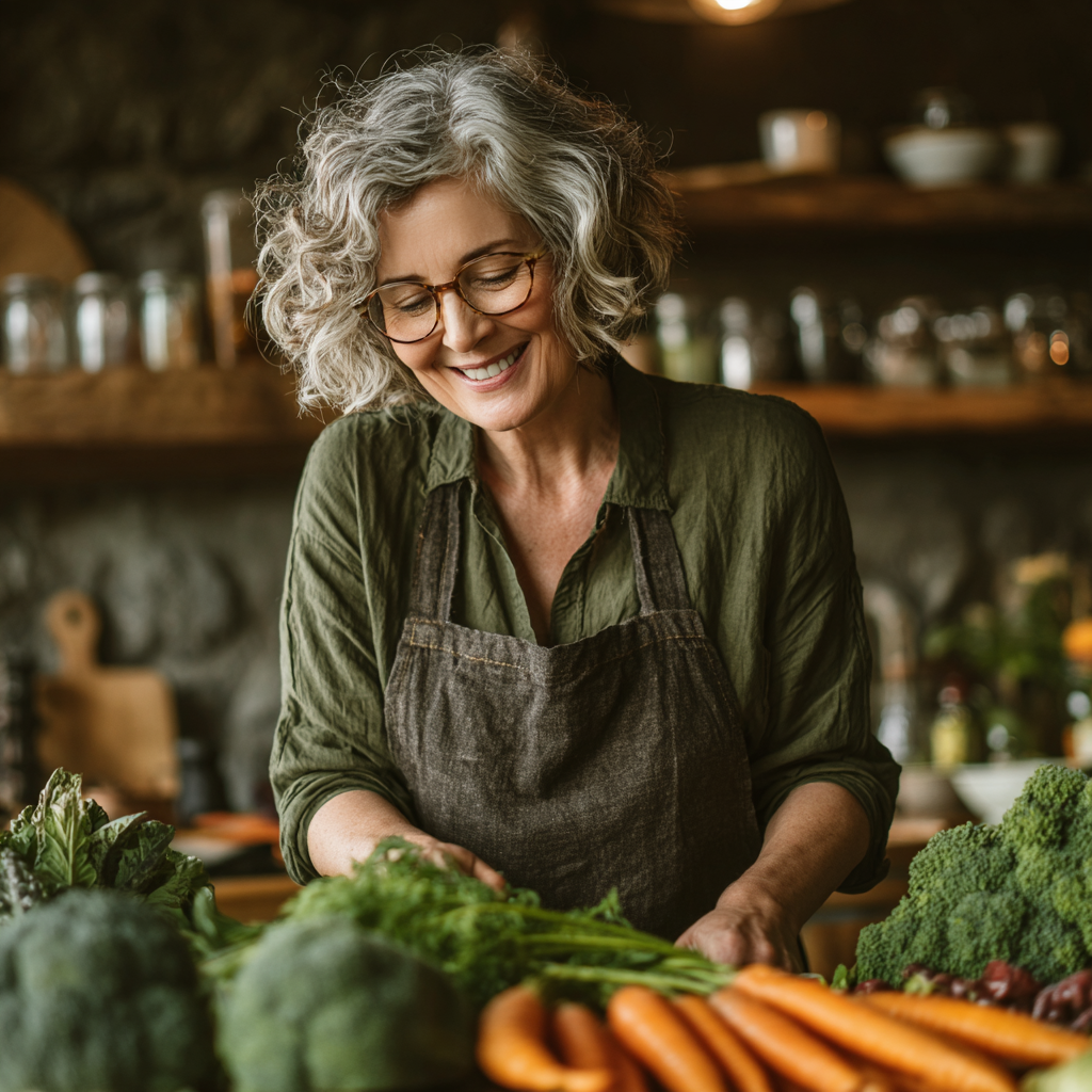 Smiling middle-aged woman in her 50s preparing fresh vegetables and healthy meal in modern kitchen, expressing joy and satisfaction with nutritious food choices
